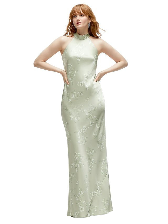 Floral Stand Collar Bias Satin Maxi Dress with Self-Tie Bow Back