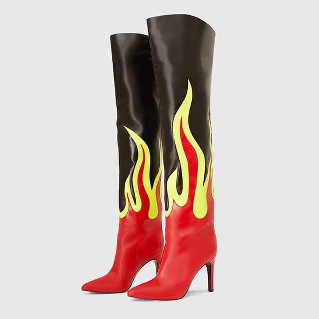 Red & Black Pointed Toe Flame Pattern Stiletto Over The Knee Boots