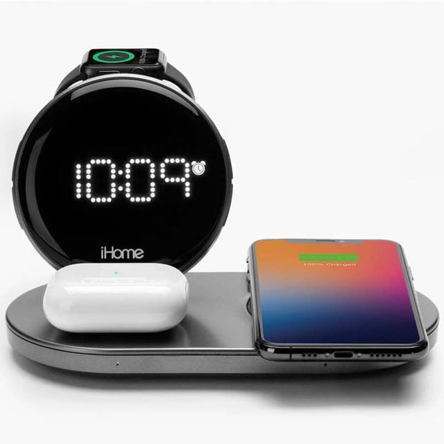 iHome Quad 4-in-1 Dual Qi 15W Wireless Fast Charger, AirPod Charging, Apple Watch Charger, and USB Charging Alarm Clock - Gray (IWW33)