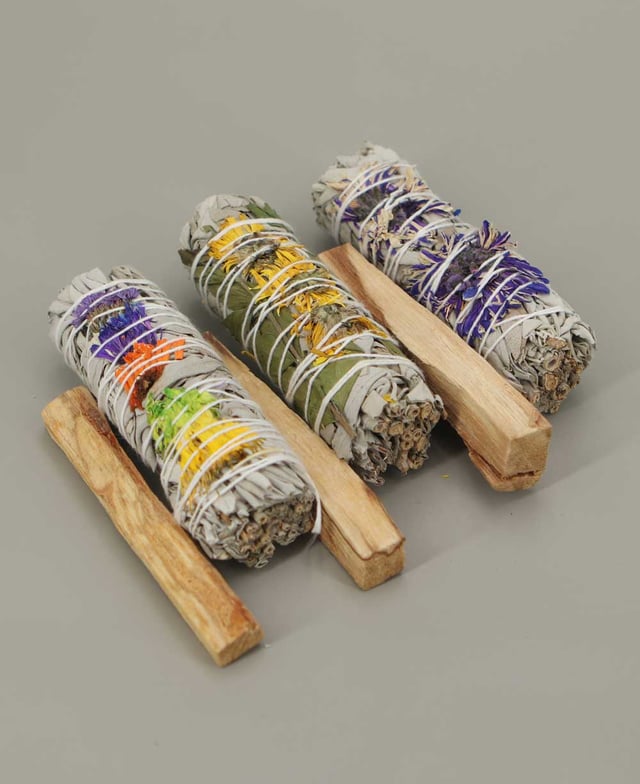 Set of Three Floral Sage Bundles and Palo Santo Sticks