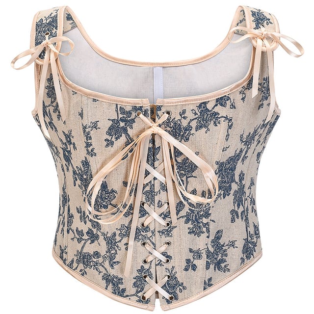 Womens Vintage 1920s Renaissance Lace Trim Tie Front Corset Bustier