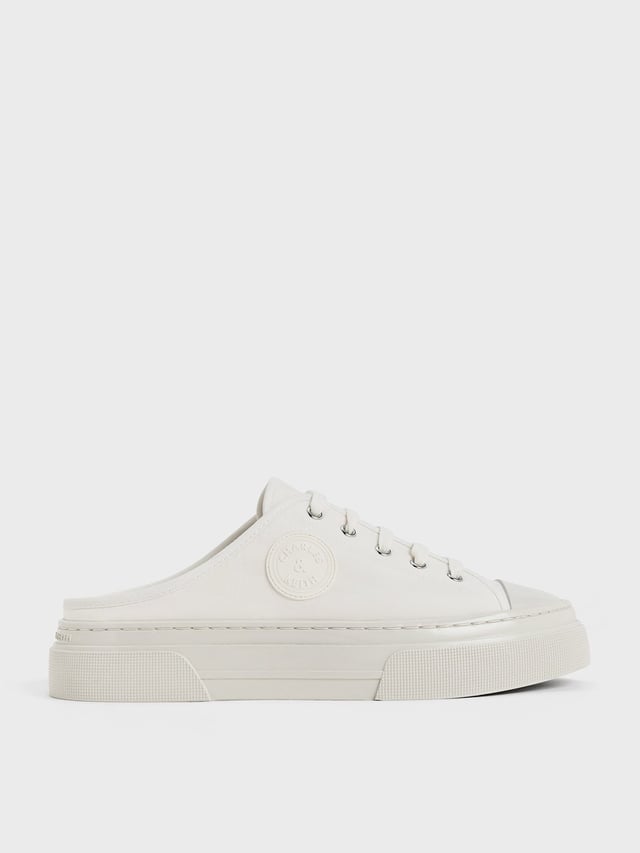 White Kay Nylon Two-Tone Slip-On Sneakers | CHARLES & KEITH