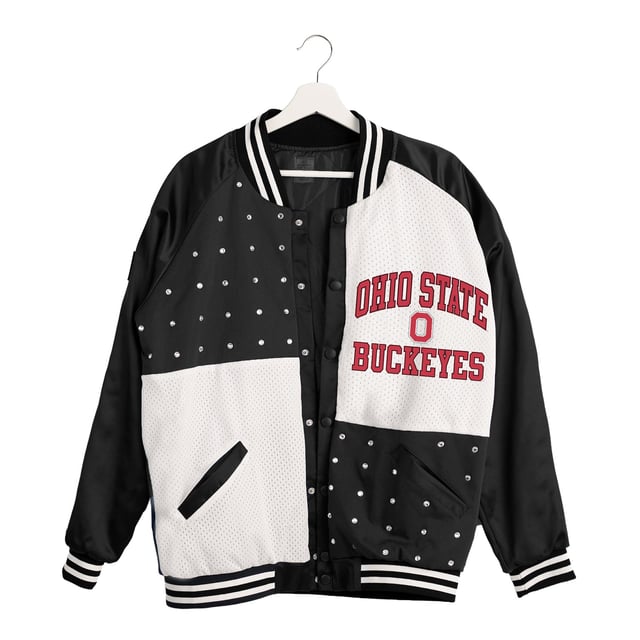 Ladies Ohio State Buckeyes Mixed Media Rhinestone Bomber Jacket