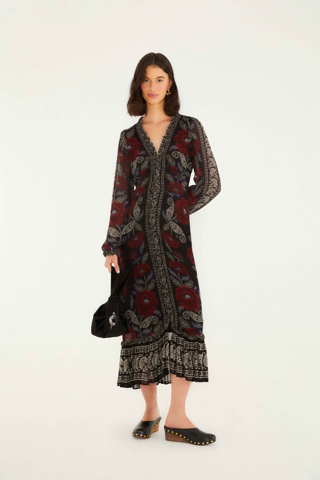 Black Valentina Ruffled Long Sleeve Midi Dress