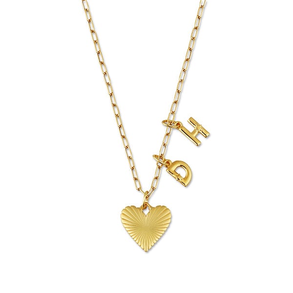 Personalized Small Ribbed Heart of Gold + Initials Necklace