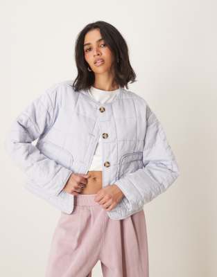 ASOS DESIGN cropped collarless quilted jacket in pale blue