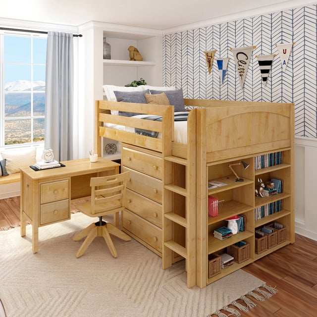 Full Mid Straight Ladder Loft with 4 Drawer Dresser, Desk & Bookcase