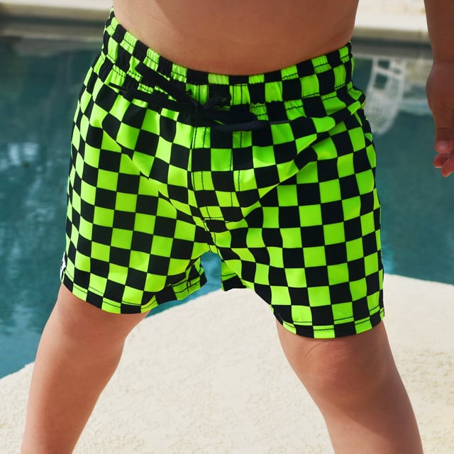 Neon Green Check Hybrid Swim Shorts