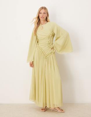 ASOS DESIGN crinkle chiffon gathered maxi dress with micro ruffles in sage green