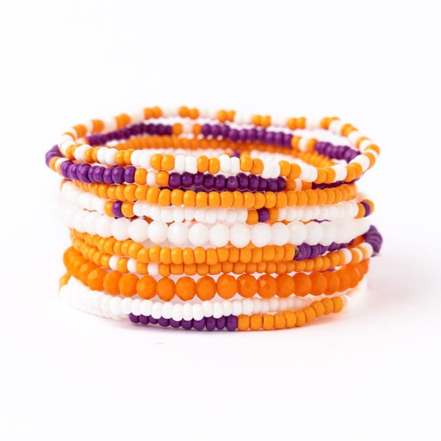 Game Day Color Block Beaded 10 Strand Stretch Bracelets Orange + Purple