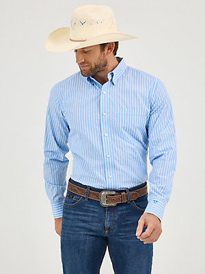 Men's Cody Johnson One Pocket Button Down Shirt in Powder Blue Stripe