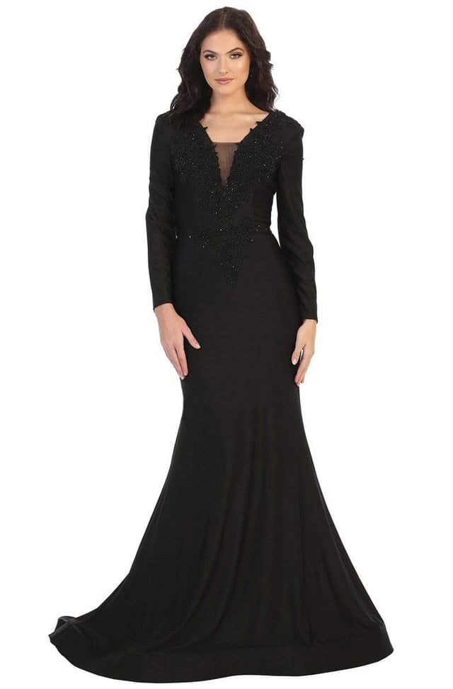 May Queen - MQ1772 Beaded Appliqued Plunging Bodice Trumpet Gown