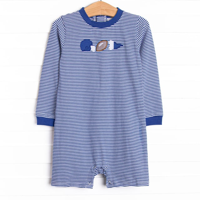 Down, Set, Hike Applique Short Romper, Blue