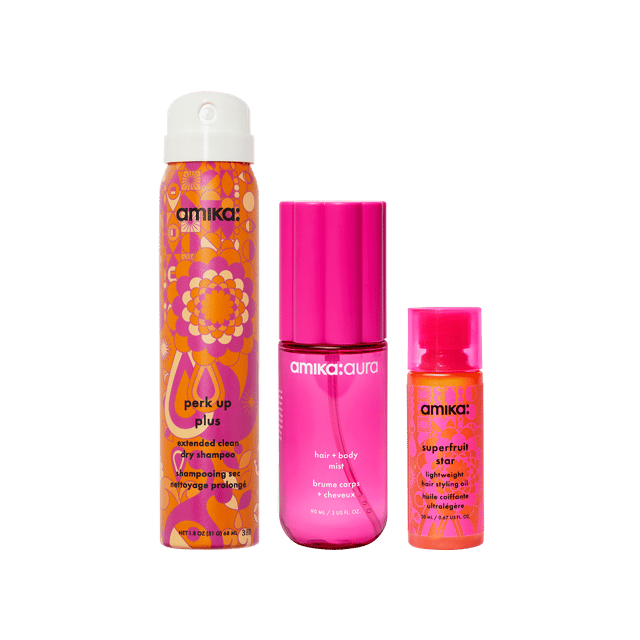 refresh, prep + mist set |  amika:aura hair + body mist, perk up plus dry shampoo, superfruit star styling oil