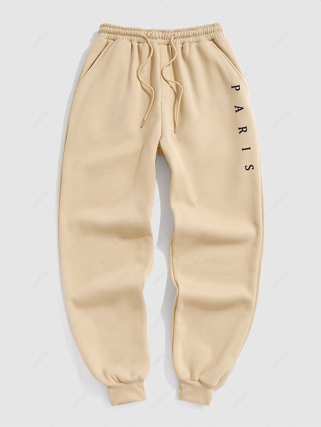 Men's PARIS Pattern Fuzzy Fleece-lined Drawstring Jogger Sweat Pants
