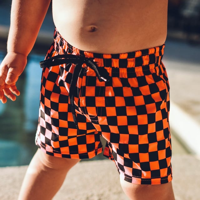 Neon Orange Check Hybrid Swim Shorts