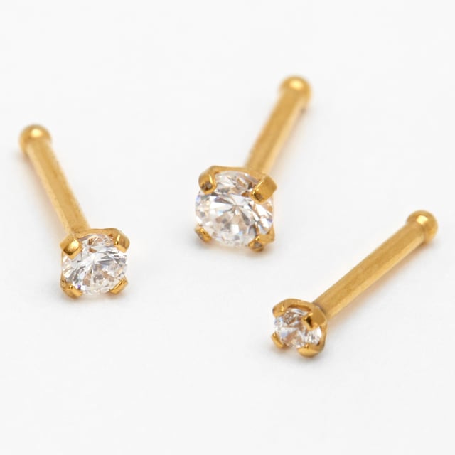 Gold-tone Titanium Cubic Zirconia 20G Nose Studs - 3 Pack