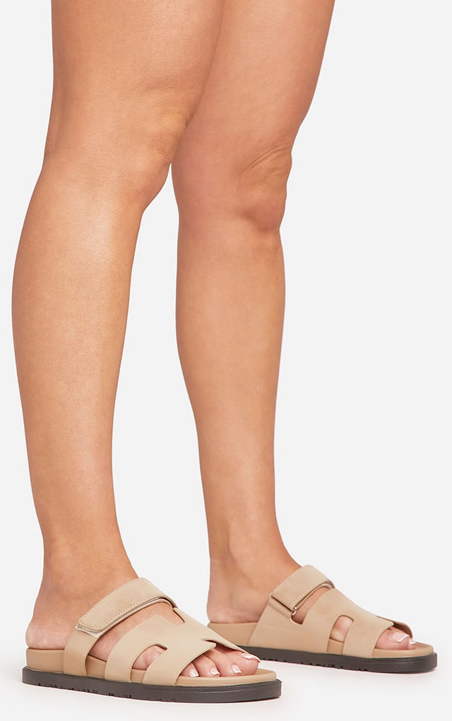Valerie Gladiator Velcro Strap Flat Slider Sandal In Nude Faux Suede