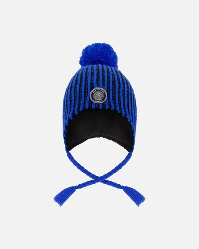 Winter Peruvian Knit Hat With Pompom And Lining Black And Blue