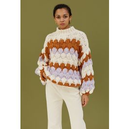 Color Blocked High Neck Hand-Knit Chunky Sweater in Cream