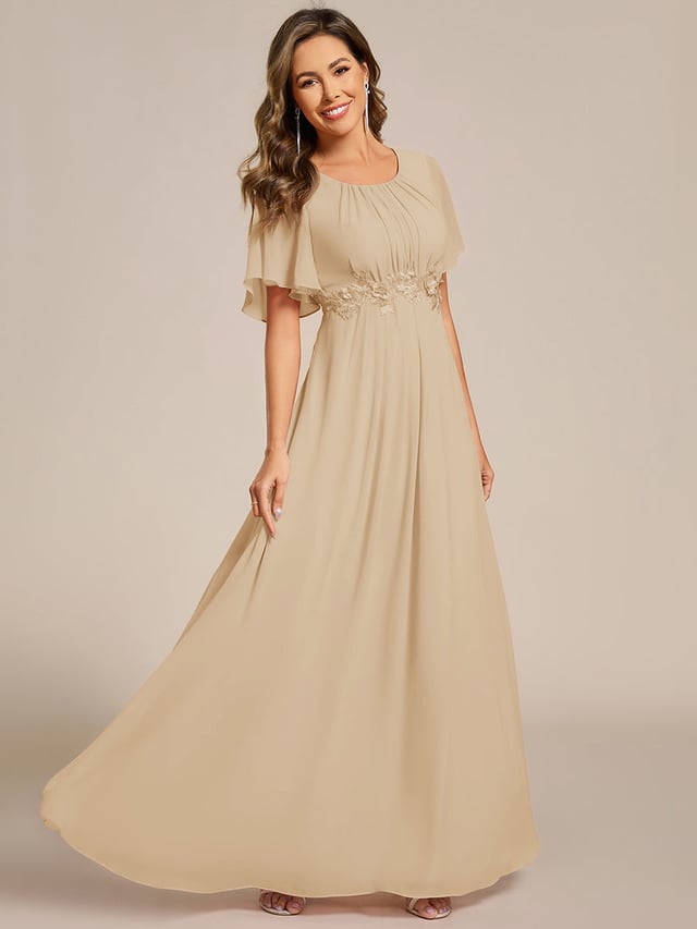ever ASPYN|Short Sleeve Pleated Applique A-Line Floor-Length Formal Evening Dress