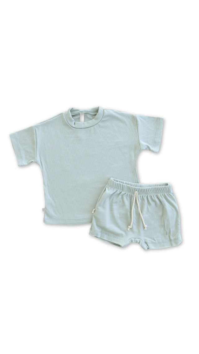 rib knit boy shorts set - blue fog