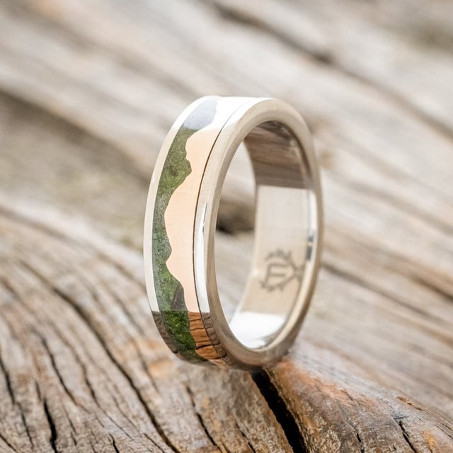 "HELIOS" - MOSS & 14K GOLD MOUNTAIN RANGE WEDDING BAND