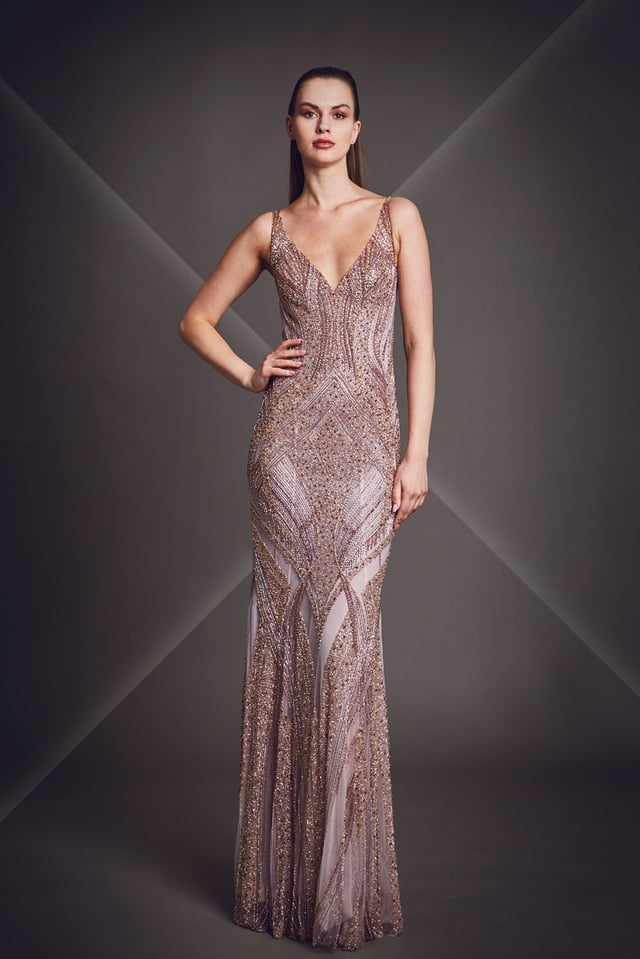 V neck fully beaded sleeveless dress