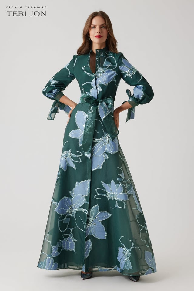 Floral Jacquard Mandarin Neck Shirt Gown
