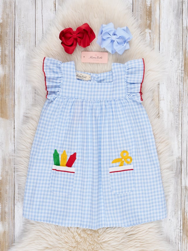Blue Gingham Embroidered Crayons Ruffle Dress