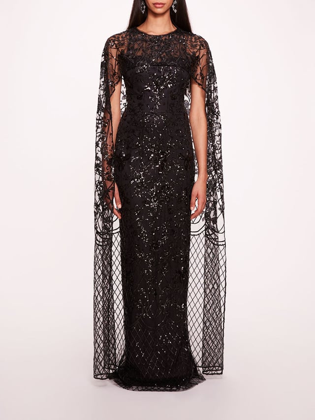 Sequin Lattice Cape Gown