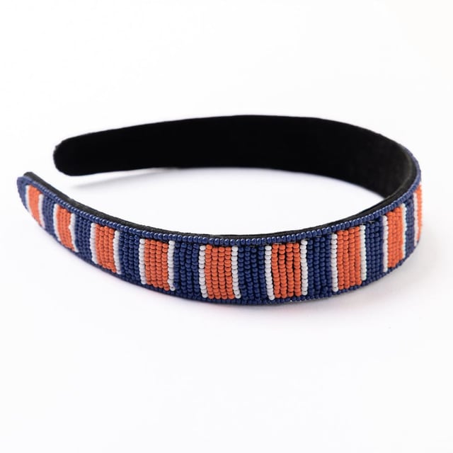Game Day Striped Beaded Headband Navy + Orange