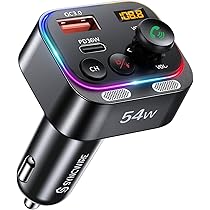 Syncwire Bluetooth 5.4 FM Transmitter Car Adapter 54W (PD 36W & 18W) [Stronger Dual Mics] [Light Switch] [HiFi Bass Sound] [Fast Charging] Wireless Radio Receiver Hands-Free Calling LED Display