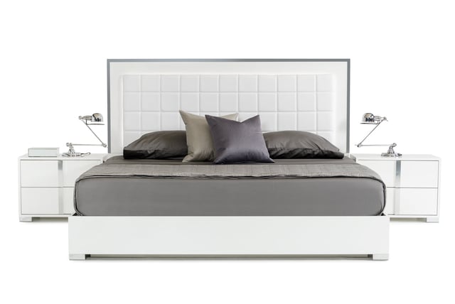 Modrest San Marino Modern White Bed with LED Tufted Eco-Leather Headboard & Chrome Finish