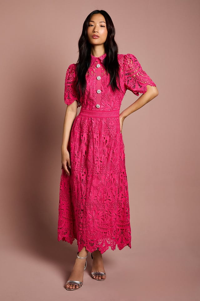 Short Sleeve Collared Lace Midi Dress