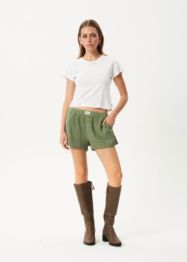 AFENDS Womens Focus - Seersucker Boxer Short - Oil Green