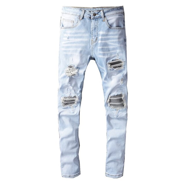 Light Blue Grey Pleated Patchwork Jeans