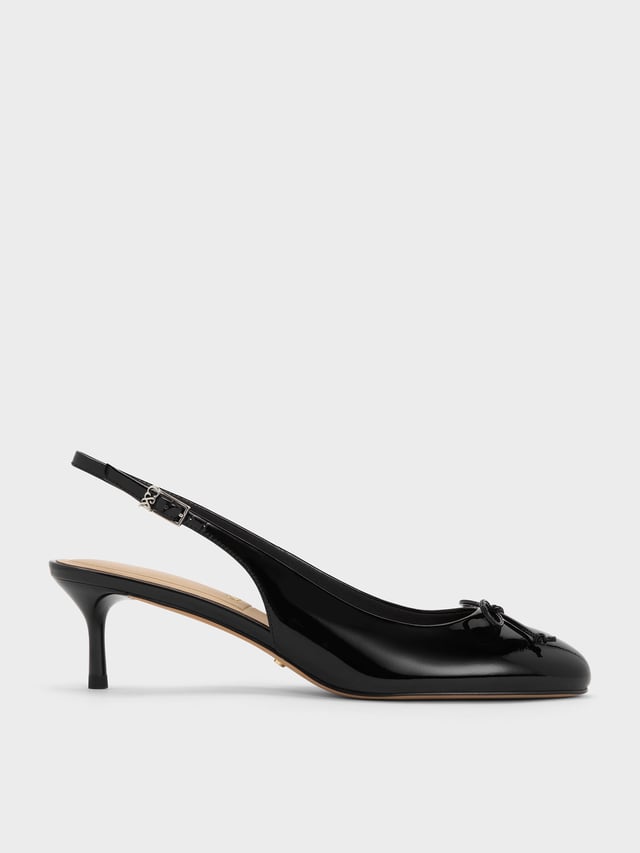 Black Aretha Patent Leather Bow Slingback Kitten Heels | CHARLES & KEITH