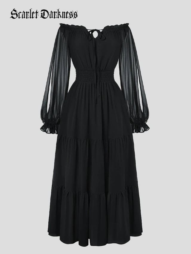 Renaissance Chiffon Sleeve Elastic Waist Pocket Dress