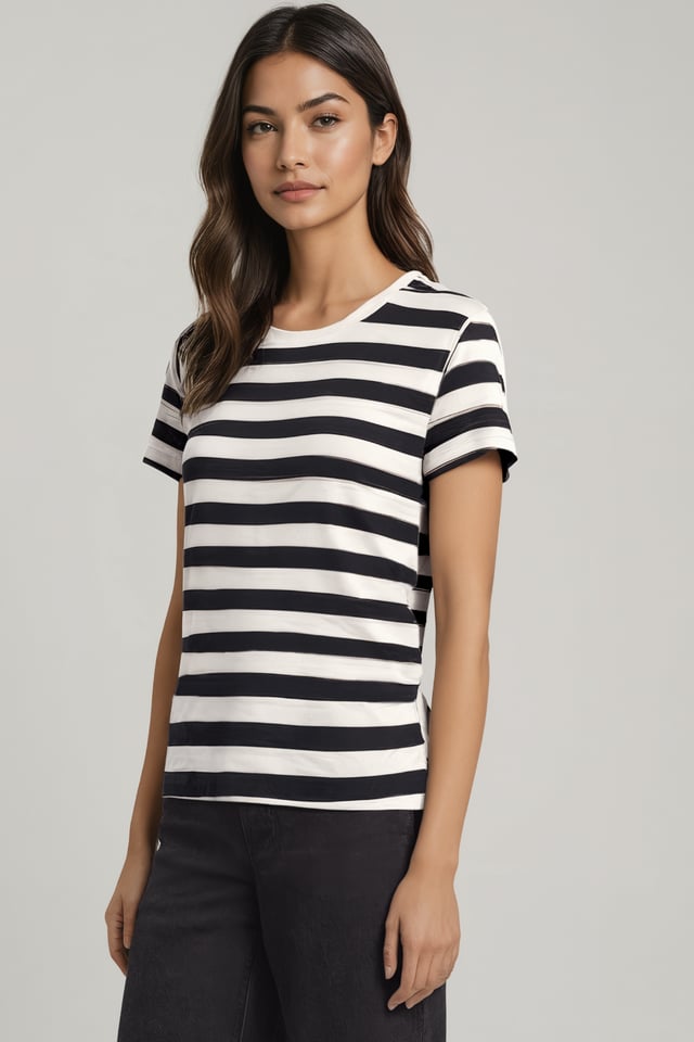 Crew-Neck Short Sleeve Tee | Egret Black Beauty Taupe Gray Stripe