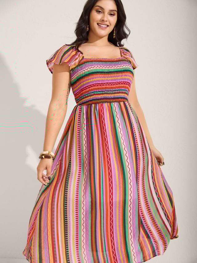 Colorful Stripe Flutter Sleeve Pockets Midi Dress