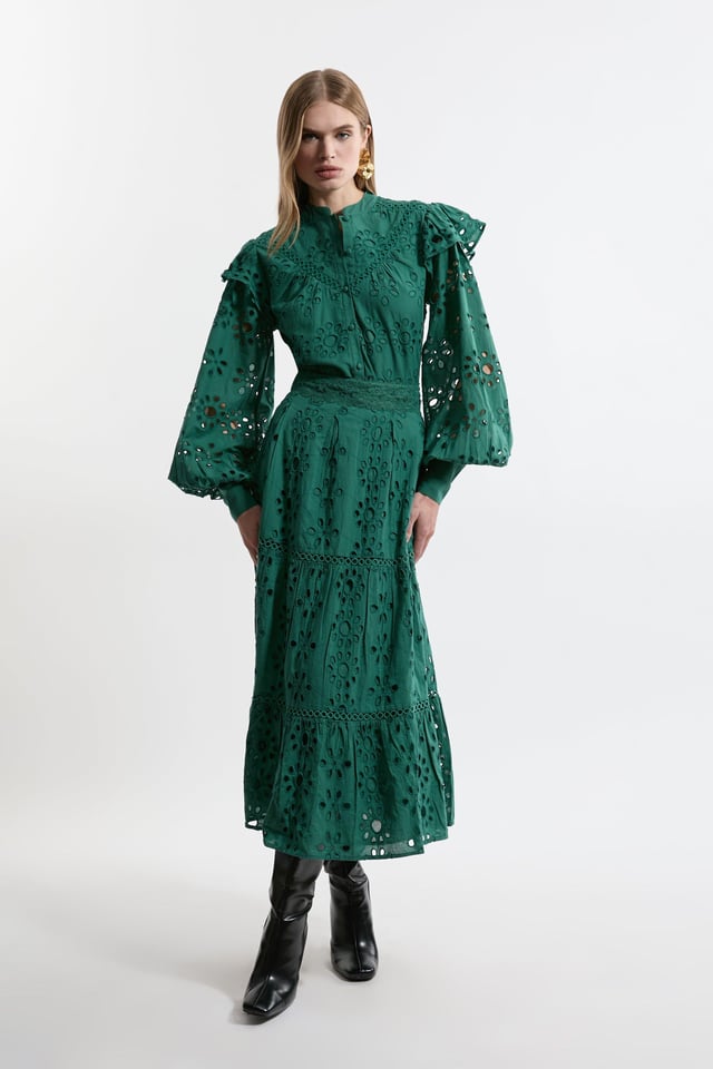 Tall Eyelet Woven Midi Skirt With Guipure Trim | Karen Millen