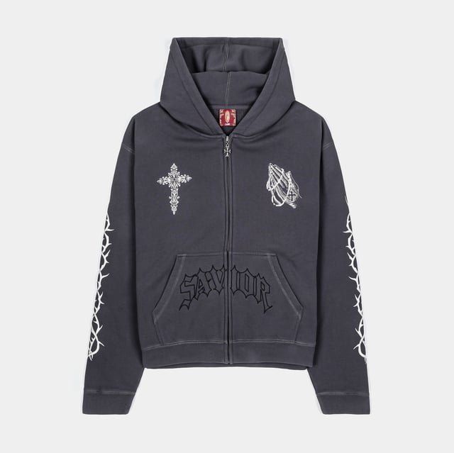 Prayer Washed Zip Up Mens Hoodie (Grey/Beige)