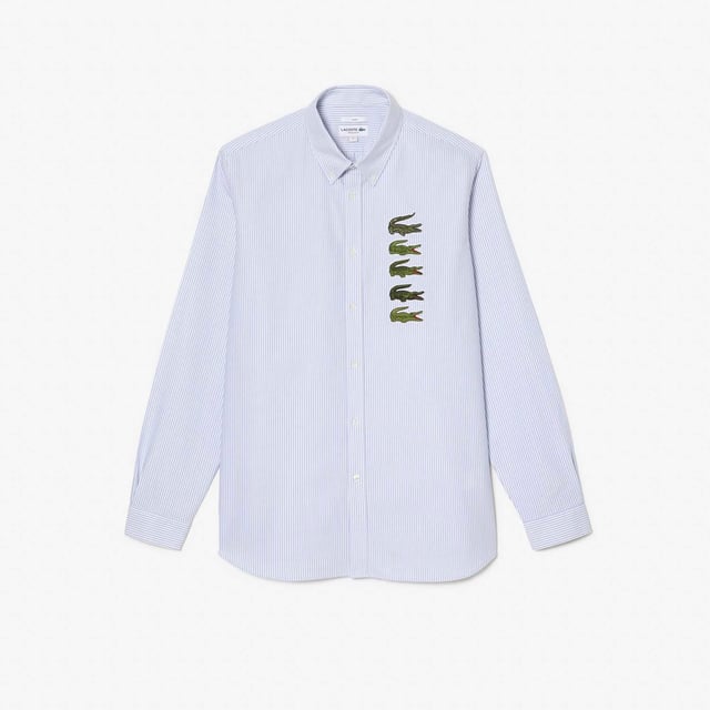 Unisex Lacoste Croc Badge Striped Shirt in Blue