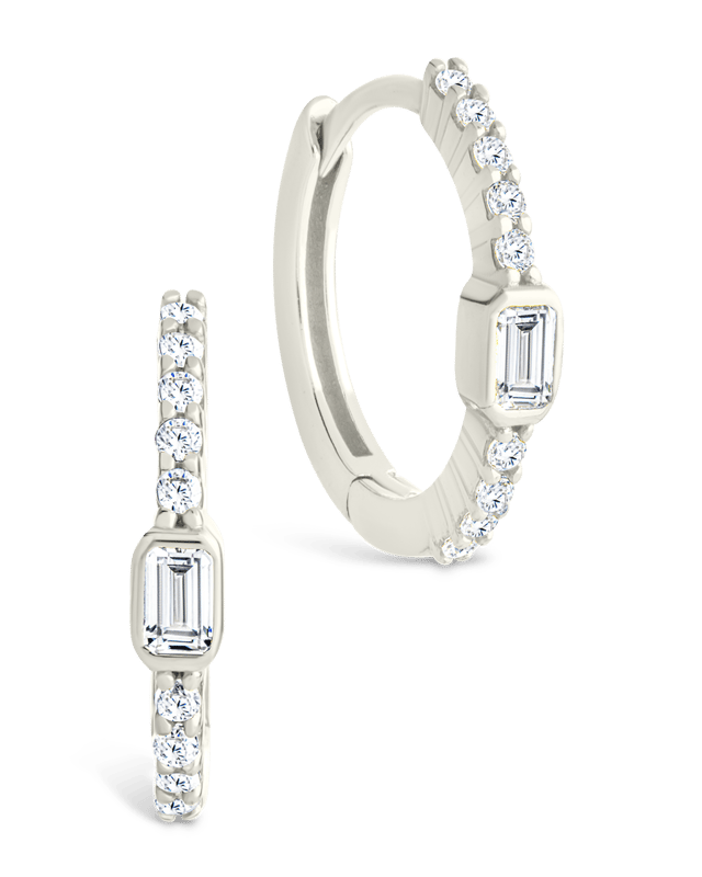 Sterling Silver Emerald Cut Bezel Set Huggie Hoop Earrings