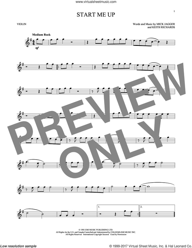 Start Me Up sheet music for violin solo (PDF-interactive)