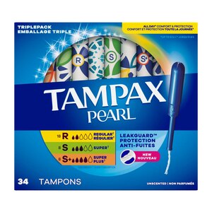 Tampax Pearl Tampons with LeakGuard Braid, Unscented, Regular/Super/Super Plus, 34 CT