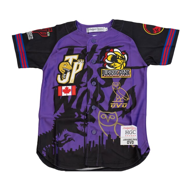 YOUTH JURASSIC PARK OVO BASEBALL JERSEY (PURPLE/BLACK)