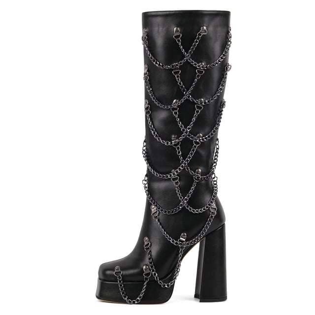 Square Toe Platform Metal Chain Knee High Boots