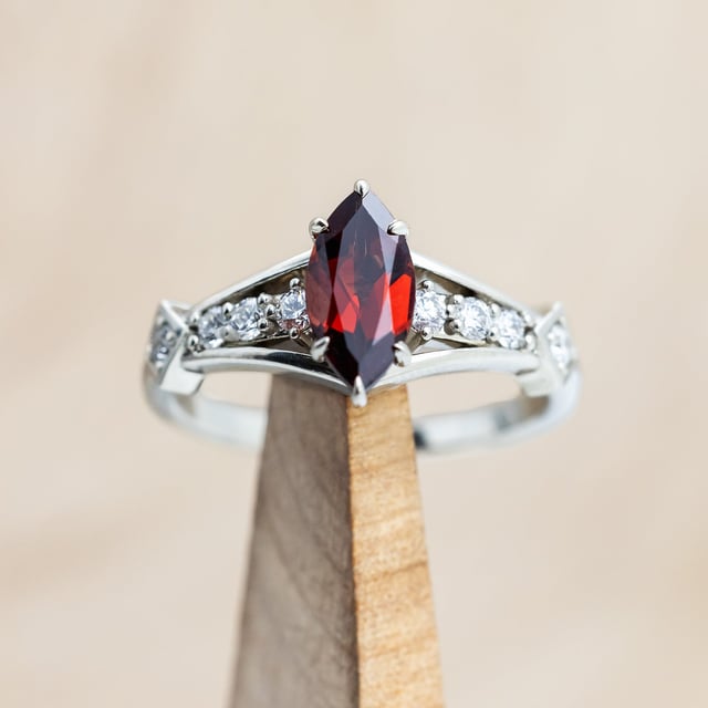 "PERSEPHONE" - BRIDAL SUITE - MARQUISE CUT MOZAMBIQUE GARNET ENGAGEMENT RING WITH DIAMOND ACCENTS & TWO DIAMOND TRACERS
